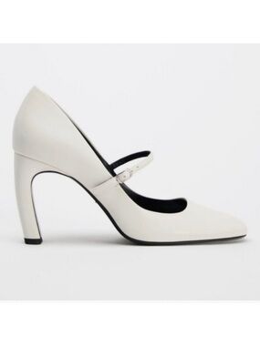 ZARA White Leather Curved Heel Mary Jane Shoes